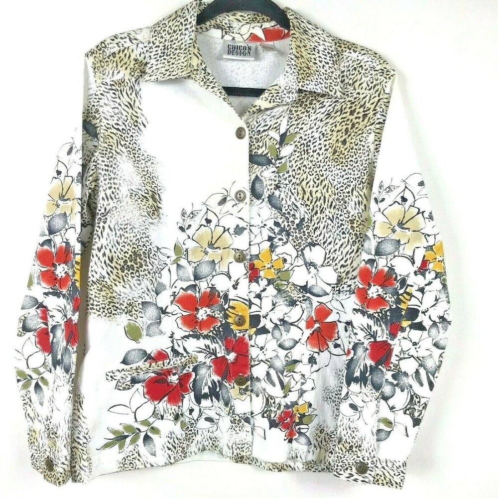 Chico's Denim Jacket Sz S Red Black Leopard Floral